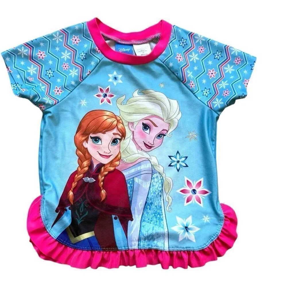 Toddler Girls Disney Frozen Anna and Elsa Swim Rash Guard Swim Top - Sz 5T